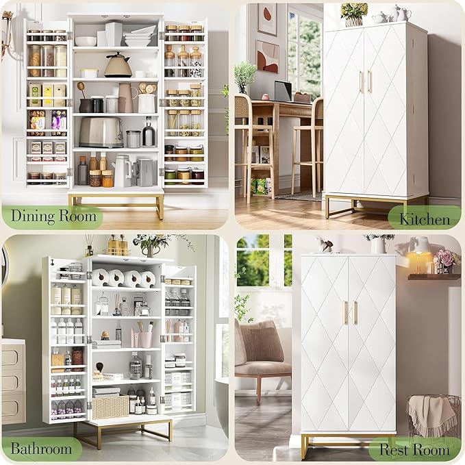 kepptory 51” Kitchen Pantry Storage Cabinet, White Freestanding Pantry Cabinets with Doors and Adjustable Shelves, Buffet Cupboards Storage Cabinet for Home Office Use, Dinning Room(White + Gold)