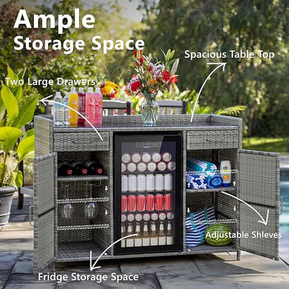 RUNNA 53.5" W Outdoor Wicker Storage Cabinet with Fridge Space,Weatherproof Outdoor Mini Fridge Bar Cabinet with Adjustable Shelves & Drawers for Pool Towel Storage,Garden,Kitchen (Grey#64)