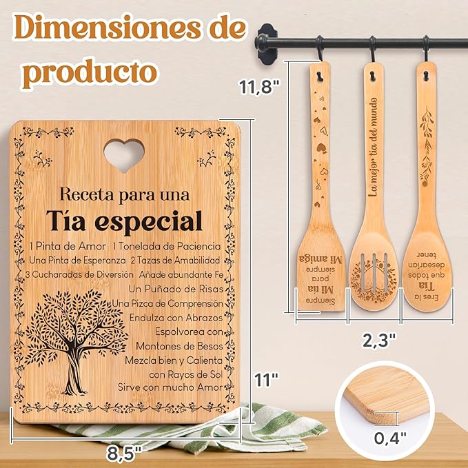 Regalos de cumpleaños para Tía - "Receta para una Tía especial". Juego de tablas de cortar y utensilios de bambú grabados. Regalos de cumpleaños para Tía. Spanish Aunt Cutting Board