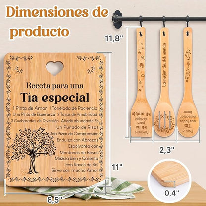 Regalos de cumpleaños para Tía - "Receta para una Tía especial". Juego de tablas de cortar y utensilios de bambú grabados. Regalos de cumpleaños para Tía. Spanish Aunt Cutting Board