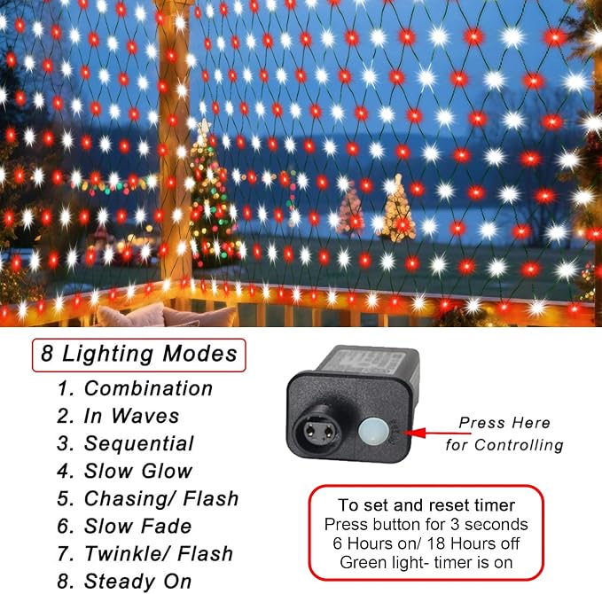 Pooqla Red and White Christmas Net Lights Outdoor, 15x 5ft Green Wire | 300 LED Large Net Mesh Lights Plug in, 8 Modes Waterproof Connectable Bushes Lights for Christmas Hedge Yard Decor