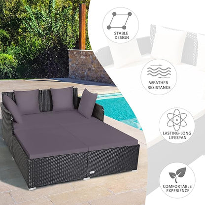 Tangkula Outdoor Rattan Daybed, Sunbed Wicker Furniture w/Spacious Seat, Upholstered Cushion & High-Resilience Sponge, Wicker Patio Sofa Set w/Extra Pillows for Courtyard Poolside (Grey)