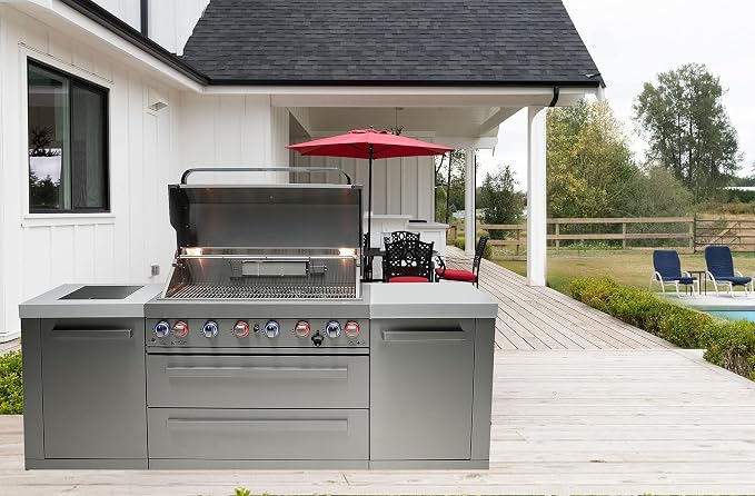 Mont Alpi Premium 94"W x 23"D Stainless Steel Modular Outdoor Kitchen Island with Infrared Side and Rear Burners + 44"W 6-Burner BBQ Gas Grill + White Granite Countertops + Storage Cabinets & Drawers