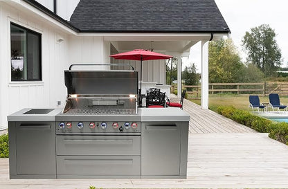 Mont Alpi Premium 94"W x 23"D Stainless Steel Modular Outdoor Kitchen Island with Infrared Side and Rear Burners + 44"W 6-Burner BBQ Gas Grill + White Granite Countertops + Storage Cabinets & Drawers