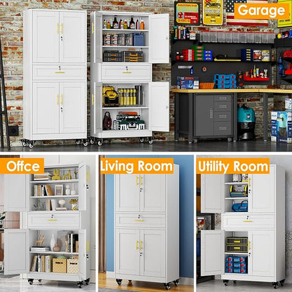 PAOFIN Metal Tall Storage Cabinet with Drawer, Garage Storage Cabinet with Locking Doors and 3 Adjustable Shelves, 71" H Steel Cabinets for Garage, Home, Office, White, Assembly Required