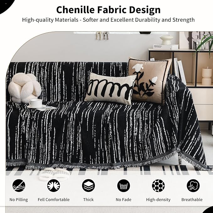 WEYOND Chenille Couch Cover Tassels, Sofa Cover Washable, 71" x 134", Black | Pet Friendly Sofa Slipcover for Sectional Sofa, Loveseat, 2 or 3 Cushion Couch, Corner Sofa, Futon Cover