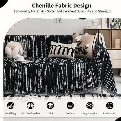 WEYOND Chenille Couch Cover Tassels, Sofa Cover Washable, 71" x 134", Black | Pet Friendly Sofa Slipcover for Sectional Sofa, Loveseat, 2 or 3 Cushion Couch, Corner Sofa, Futon Cover