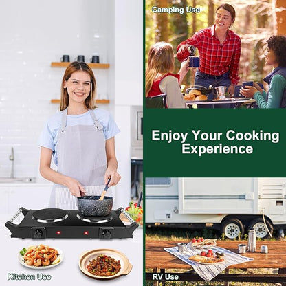 Electric Countertop Double Burner, 2000W Cooktop with Cast Iron Hot Plate & Stay Cool Handles, 5 Level Temperature Control, Easy to Clean, Indicator Lights, Cooking Stove for Office Home Camping RV
