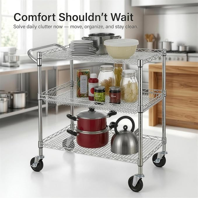 Finnhomy 3 Tier Heavy Duty Commercial Grade Utility Cart, Wire Rolling Cart with Handle Bar, Steel Service Cart with Wheels, Utility Shelf Plant Display Shelf Food Storage Trolley, NSF Listed