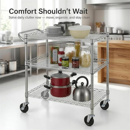 Finnhomy 3 Tier Heavy Duty Commercial Grade Utility Cart, Wire Rolling Cart with Handle Bar, Steel Service Cart with Wheels, Utility Shelf Plant Display Shelf Food Storage Trolley, NSF Listed