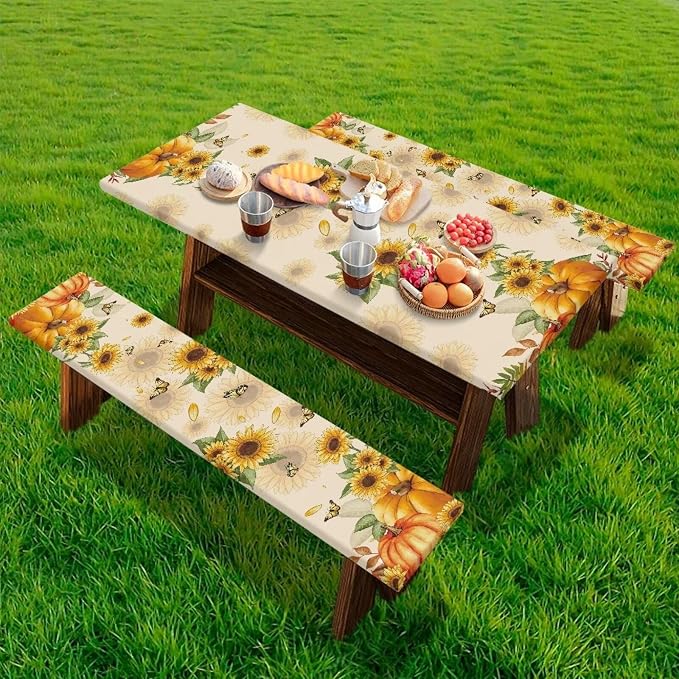 Thanksgiving Elastic Fitted Table Cloth for Outdoor Camping Pumpkin Sunflower Butterfly Camping Table Cloth for Picnic Table 3 PCS Set