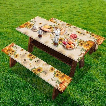 Thanksgiving Elastic Fitted Table Cloth for Outdoor Camping Pumpkin Sunflower Butterfly Camping Table Cloth for Picnic Table 3 PCS Set