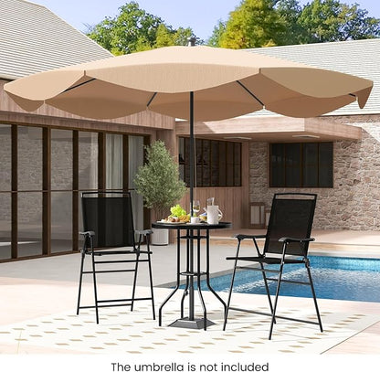 COSTWAY 3 PCS Patio Table and Chairs Set, Bistro Furniture with DPC Tabletop, Umbrella Hole, Outdoor Bar Set with Round Table and 2 Folding Counter Height Chairs for Poolside, Deck, Porch, Black