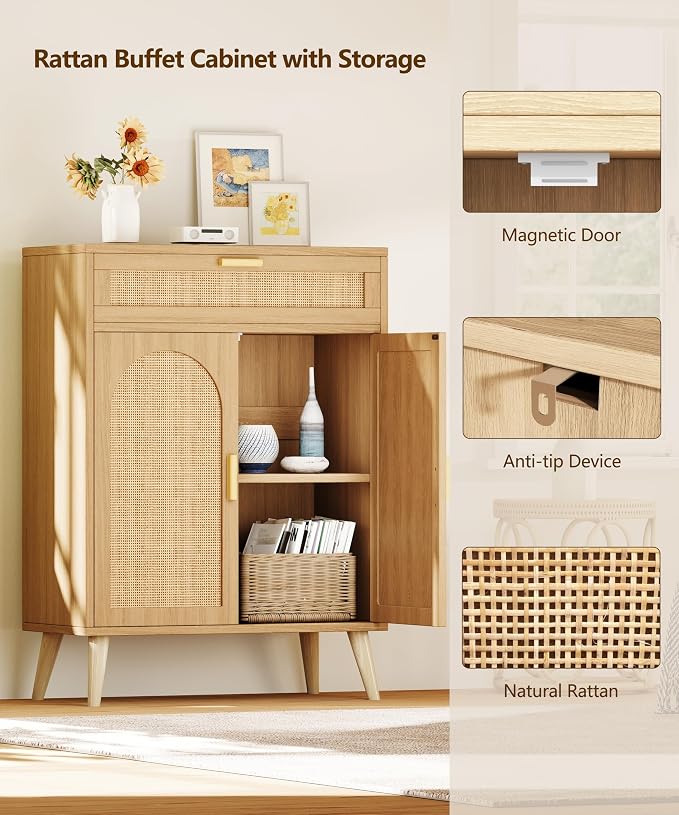 Keehusux Rattan Storage Cabinet with Drawer and 2 Doors, Natural Oak | Accent Sideboard Buffet Cabinet with Adjustable Shelf & Solid Wood Feets, Coffee Bar for Kitchen, Living Room, Entryway