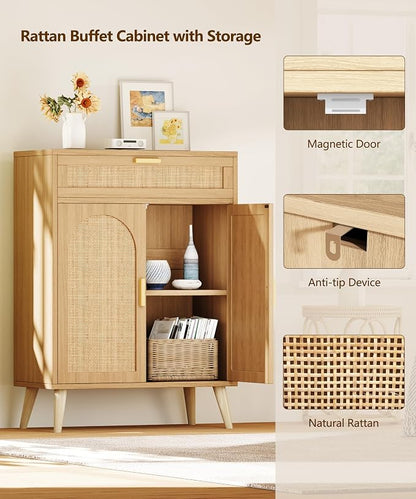 Keehusux Rattan Storage Cabinet with Drawer and 2 Doors, Natural Oak | Accent Sideboard Buffet Cabinet with Adjustable Shelf & Solid Wood Feets, Coffee Bar for Kitchen, Living Room, Entryway