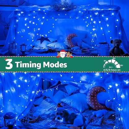 196FT 600 LED Christmas Lights Outdoor Waterproof, Timer & Memory Function, 8 Modes Blue String Lights Plug in Twinkle Lights for Xmas Tree Holiday Garden Indoor Party Decor