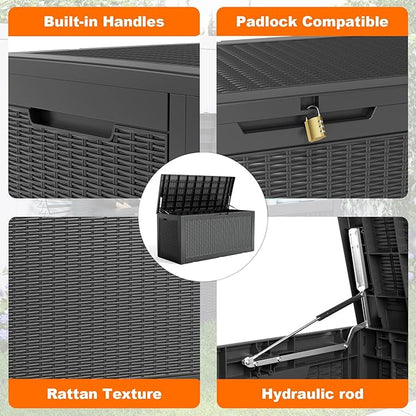 PatioZen 120 Gallon Deck Box Outdoor, Weatherproof Resin Patio Storage Box, Waterproof Outdoor Storage Boxes with Lid Lockable for Cushions, Garden Tools,Black