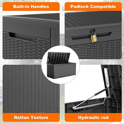 120 Gallon Outdoor Storage Box Waterproof, Resin Lockable Deck Box with Lid, Large Capacity Weatherproof Container for Patio Furniture Pool Accessories, Cushions(Black, 120 Gallon)