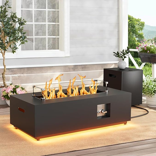 SUNPEAK 42" Propane Fire Pit Table with LED Light - 50,000 BTU with Wind Guard, Lid, Rocks and Cover - Propane Fireplace Table - Gas Fire Pits for Patio and Deck (Black/Golden Light, 42" LED)