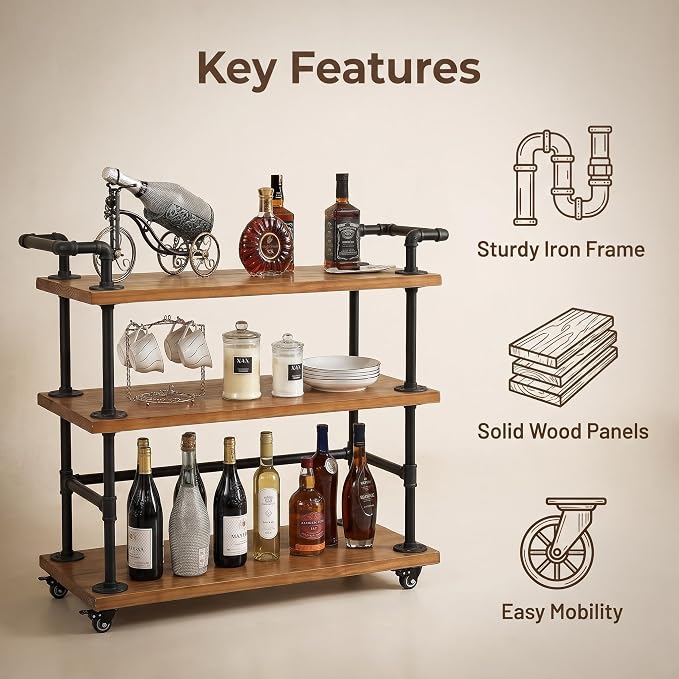 Industrial Pipe Bar Carts, Solid Wood Serving Carts, Rolling Kitchen Carts | Heavy Duty Wine Rack Carts on Wheels with Shelves and Handles, Tea Liquor Shelves/Holder, Bar Furniture for Home