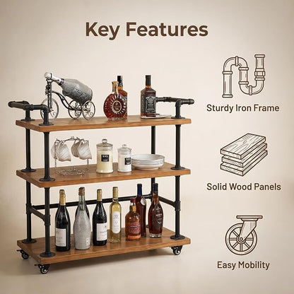 Industrial Pipe Bar Carts, Solid Wood Serving Carts, Rolling Kitchen Carts | Heavy Duty Wine Rack Carts on Wheels with Shelves and Handles, Tea Liquor Shelves/Holder, Bar Furniture for Home