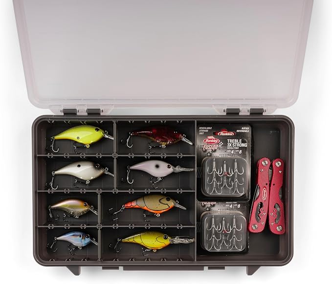 Plano StowAway 3600 50/50 Split Stow Tackle Box, 4-Pack, Corrosion-Preventive Rustricor, Single Latch Design, Transparent DuraView Lid, Stackable Storage for Fishing Bait, Lures and Gear