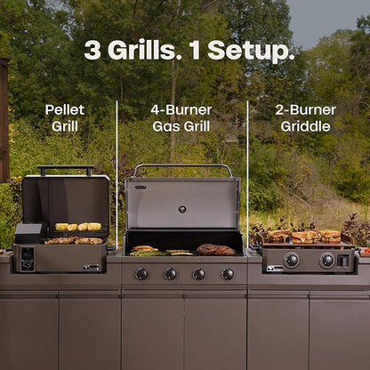 Tytus Anaheim 4-Burner Gas Grill with Two Prep Carts, Pellet Smoker, and Gas Griddle with Cover - Modular Outdoor Kitchen, Quick Assembly, Grill for Outdoor Cooking, Kitchen Island for BBQ
