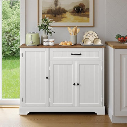 Coffee Bar, Storage Cabinet, White and Rustic | Buffet Cabinet, Sideboard Cabinet with Internal Storage Shelf for Dining Room, Kitchen, Living Room, Kitchen and Laundry Room