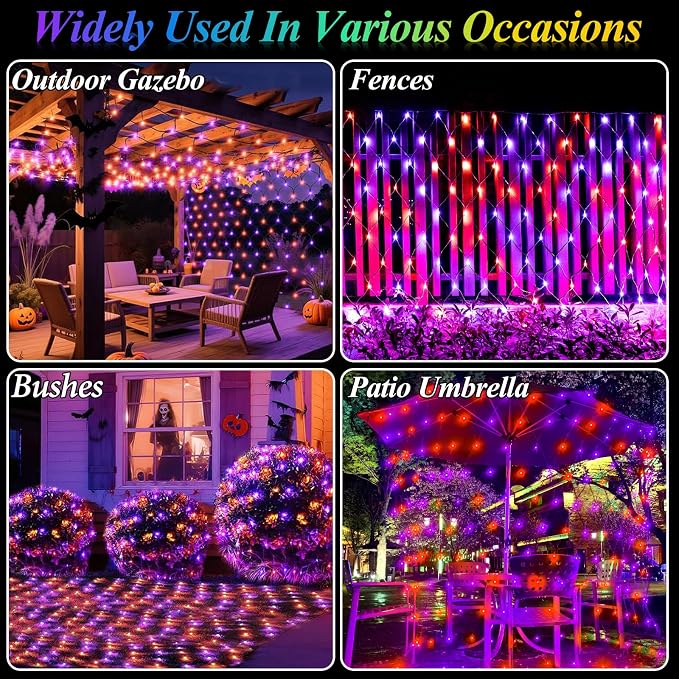 Lovelite 510LED Halloween Net Lights, 28ft x 5ft Outdoor Mesh Lights Purple Orange Clear Wire, 8 Modes & Timer, Waterproof Connectable String Lights for Bushes Xmas Tree Garden Holiday Party