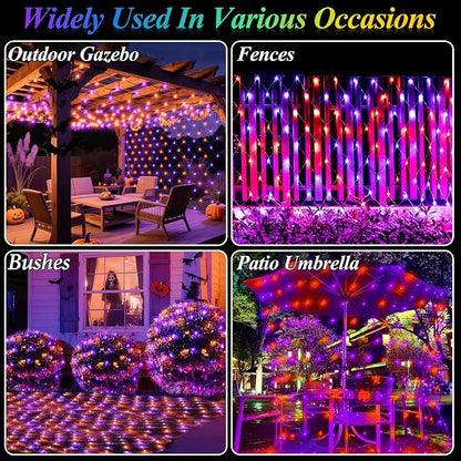 Lovelite 510LED Halloween Net Lights, 28ft x 5ft Outdoor Mesh Lights Purple Orange Clear Wire, 8 Modes & Timer, Waterproof Connectable String Lights for Bushes Xmas Tree Garden Holiday Party