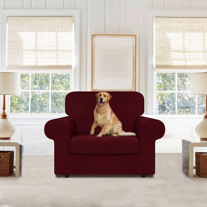 WEERRW Velvet Stretch 2 Pieces Chair Sofa Slipcovers Washable, Burgundy | Armchair Slipcovers Luxury Soft Velvet Plush Furniture Protector Couch Cover with Elastic Bottom for Kids Pets, Small