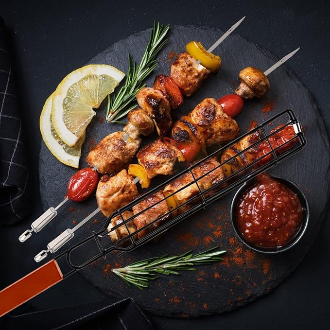 DEAYOU Set of 12 Kabob Grilling Baskets and Skewers, Stainless Steel BBQ Grill Basket Kebab Skewer, Nonstick Portable Barbecue Grate with Handle for Fish, Veggies, Steak (6 Baskets and 6 Skewers)
