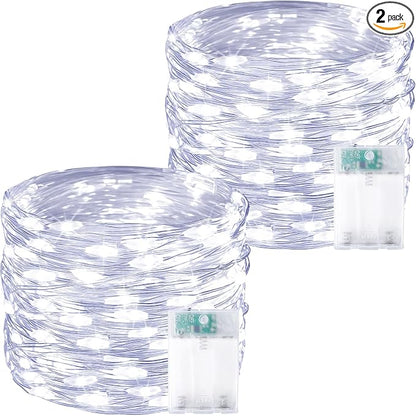 2 Pack 60 LED Fairy Lights Battery Operated with Timer, 20 FT Cool White | Cuttable Copper Wire, Waterproof Battery String Lights for Indoor Outdoor, Wedding, Bedroom, Home, DIY, Christmas Decorations