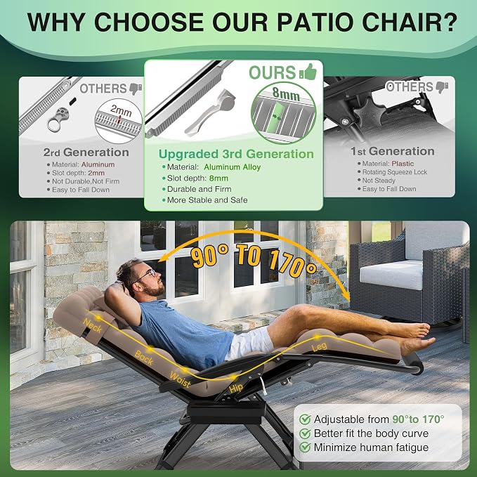 Suteck Oversized Zero Gravity Chair, 500LBS 33" XXL Reclining Lounge Chairs | W/Removable Cushion&Headrest, Upgraded Lock, Big Cup Holder and Footrest, Reclining Camping Chair Recliner for Indoor Outdoor