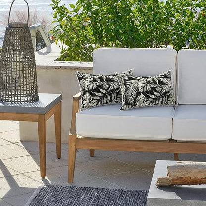 LVTXIII 2 Pack Outdoor Lumbar Pillow Covers 12x20 Inch with Piping, Water-Repellent Back Cushion Covers ONLY for Patio Furniture, Sofa, Garden Bench, Tropical Leaf Black