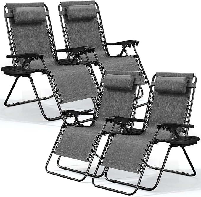 Nestl Zero Gravity Chairs Set of 4, Patio Lounge Chair Outdoor with Pillows & Cup Holder Trays, Adjustable Steel Mesh Reclining Camping Chair, Folding Patio Lawn Chair for Deck, Beach, Yard - Grey