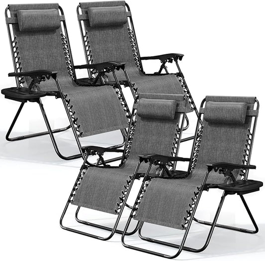 Nestl Zero Gravity Chairs Set of 4, Patio Lounge Chair Outdoor with Pillows & Cup Holder Trays, Adjustable Steel Mesh Reclining Camping Chair, Folding Patio Lawn Chair for Deck, Beach, Yard - Grey