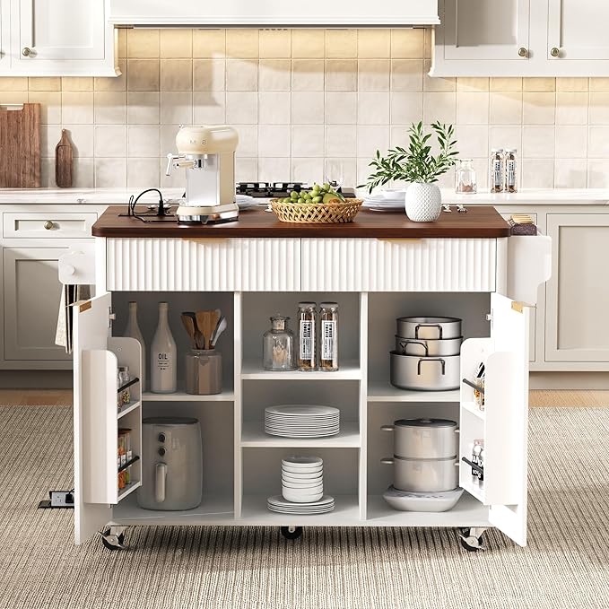 Merax Farmhouse 52 inch Kitchen Island on Wheels with Drop Leaf Table, Power Outlet, Wood Kitchen Rolling Cart with Faux Marble Top & 2 Doors & 2 Drawers, White