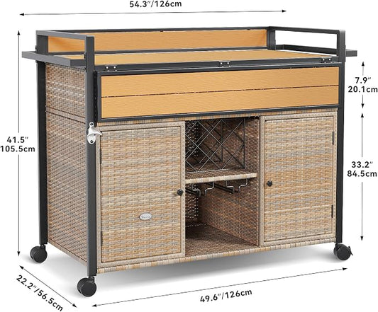 YITAHOME XL Outdoor Kitchen Wicker Island Rolling Cart Bar Table & Storage | Wheels and Plastic Wood Extended Table Top, Double Handle for Patio Kitchen or Bar Cart,Light Yellow Gradient