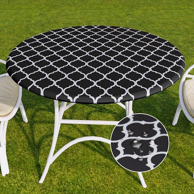 Romanstile Round Fitted Vinyl Tablecloth with Elastic Edge 100% Waterproof | Table Covers for 36"- 44" Tables, Wipeable Flannel Backed Plastic Table Cloths for Dinner Picnic Camping, BlackMoroccan