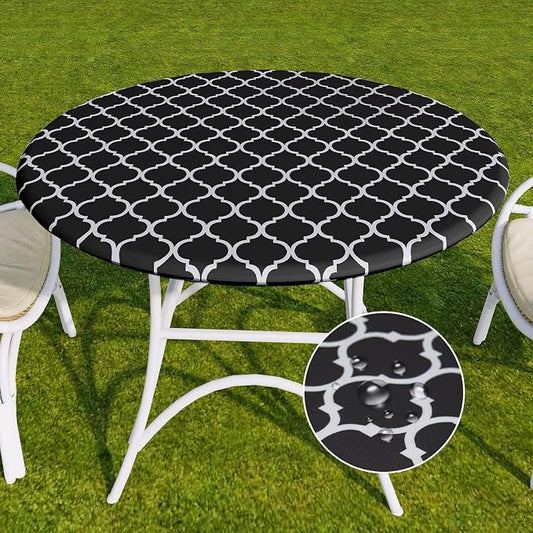 Romanstile Round Fitted Vinyl Tablecloth with Elastic Edge 100% Waterproof | Table Covers for 45"- 56" Tables, Wipeable Flannel Backed Plastic Table Cloths for Dinner Picnic Camping, BlackMoroccan