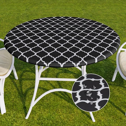 Romanstile Round Fitted Vinyl Tablecloth with Elastic Edge 100% Waterproof | Table Covers for 57"- 68" Tables, Wipeable Flannel Backed Plastic Table Cloths for Dinner Picnic Camping, BlackMoroccan