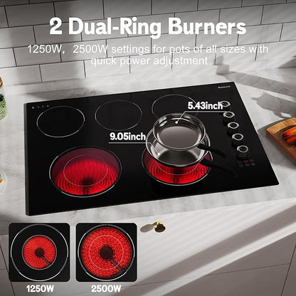 30 Inch Electric Cooktop 5 Burner Karienvir, 8600W Built-in Electric Stove Top, Cooktop 30" with Double-ring Burner, Knob & Touch Control, 9 Power Levels, Timer, Safety Lock, 220V-240V Hard Wire