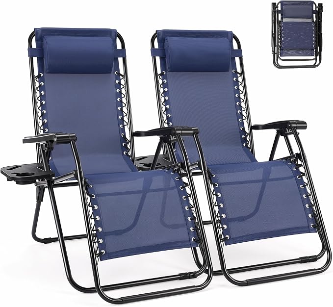 NEWBULIG Zero Gravity Chairs Set of 2, Folding Lounge Recliner Chair | Portable Lawn Camping Recliner with Adjustable Pollow, Mesh Back, Cup Holder Trays for Pool Beach Patio, Navy Blue
