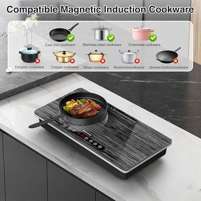 Portable Induction Cooktop 2 Burner, 1800W Double Induction Burner with Touch Control, Timer & Safety Lock, Electric Induction Stove 110V, Wood Grain Panel
