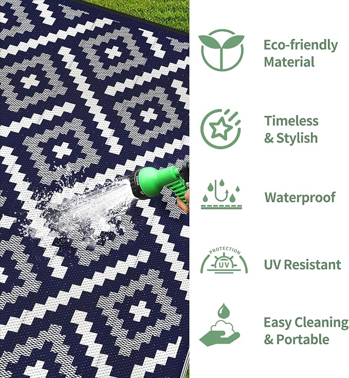 GENIMO Outdoor Rug, Waterproof Plastic Rugs for Patio, 6'x9' Navy Blue | Outside Larger Modern Carpet Mat for Porch Decor, Deck, Balcony, Camping, RV, Backyard, Picnic, Beach, Reversible, Foldable
