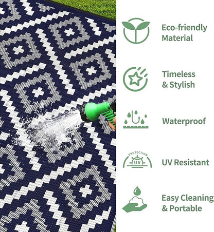 GENIMO Outdoor Rug, Waterproof Plastic Rugs for Patio, 6'x9' Navy Blue | Outside Larger Modern Carpet Mat for Porch Decor, Deck, Balcony, Camping, RV, Backyard, Picnic, Beach, Reversible, Foldable