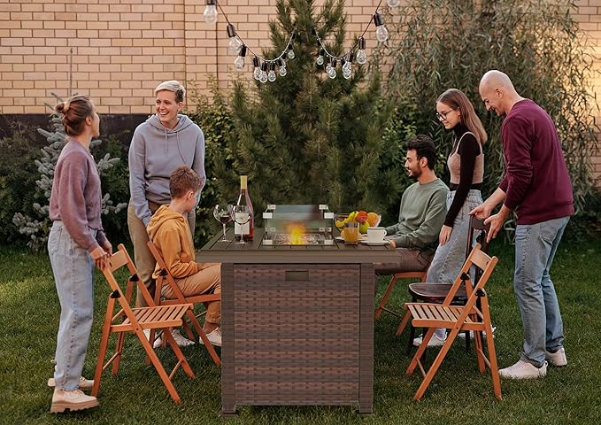 Kullavik 43" Propane Gas Fire Pit Table 55,000 BTU Auto-Ignition Wicker ETL Certified Outdoor Fire Pits with Glass Wind Guard,Fire Glass,Slide Out Tank Holder,Lid,Waterproof Table Cover