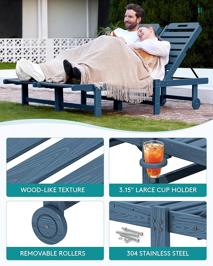 SERWALL HDPE Outdoor Chaise Lounge Set of 2 with Cup Holder & Wheels, Blue | Weather-resistant chaise lounge resists fading, with 5-level adjustable back, cup holder and wheels.