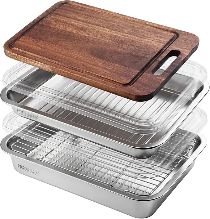 Grilling Prep and Serve Trays with Spill-Reducing Lids, 304 Stainless Steel BBQ Grill Carry System with Drain Board & Acacia Cutting Board